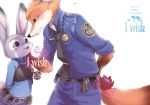  2016 anthro blush canine claws clothed clothing disney distracting_watermark dogear218 duo eye_contact female fox fully_clothed green_eyes half-length_portrait hand_on_hip hands_behind_back judy_hopps lagomorph male male/female mammal nick_wilde open_mouth open_smile police_uniform portrait predator/prey purple_eyes rabbit shadow simple_background size_difference smile text uniform watermark white_background zootopia 
