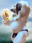  2018 alcohol anthro barrel bear beer beverage biceps biped black_bottomwear black_clothing black_eyes black_lips black_nose black_underwear blue_sky bow_tie bulge clothed clothing day digital_media_(artwork) fur hi_res holding_glass holding_object lips looking_at_viewer male mammal musclegut muscular muscular_male navel nipples open_mouth outside pecs pink_nipples polar_bear short_tail skrawl sky small_tail solo standing teeth thong topless underwear white_fur white_tail 