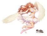  angel barefoot breasts brown_hair garter halo logo long_hair masami_chie original skirt waifu2x white wings 