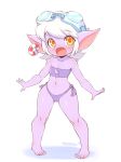  :d artist_name ass_visible_through_thighs barefoot bikini blush commentary english_commentary eyebrows_visible_through_hair flat_chest full_body goggles goggles_on_head highres innertube_earrings league_of_legends looking_at_viewer navel nestkeeper open_mouth pointy_ears purple_bikini purple_skin short_hair side-tie_bikini smile solo standing swimsuit torn_clothes tristana white_hair yellow_eyes yordle 