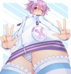  blush d-pad d-pad_hair_ornament dura from_below hair_ornament highres looking_at_viewer neptune_(choujigen_game_neptune) neptune_(series) one_eye_closed panties pantyshot purple_eyes purple_hair short_hair smile solo striped striped_panties underwear 