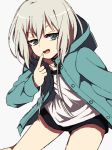  akasata aoba_moka aqua_jacket bang_dream! bangs black_choker black_shorts choker drawstring finger_to_mouth grey_background grey_hair jacket long_sleeves looking_at_viewer padlocked_collar shirt short_hair shorts simple_background solo v-shaped_eyebrows 