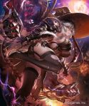  ass black_bow black_dress black_legwear bow breasts dress fire flame garter_straps gauntlets granblue_fantasy hair_between_eyes hat hat_bow high_heels highres huge_breasts leaning_forward long_hair magisa_(granblue_fantasy) moon morax_(granblue_fantasy) outdoors shingeki_no_bahamut side_slit silver_hair smile solo standing standing_on_one_leg thighhighs torn_clothes torn_legwear tsunekun witch_hat 