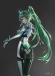  ass bangs bodysuit breasts closed_mouth earrings eyebrows_visible_through_hair from_behind green_eyes green_hair hair_between_eyes hairband high_ponytail highres horn jewelry large_breasts legs_together long_hair looking_back pneuma_(xenoblade_2) ponytail si_(ruanmumu) sidelocks signature solo spoilers standing very_long_hair xenoblade_(series) xenoblade_2 