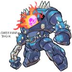  chain character_name chibi fire full_body fusion ghost_rider gundam gundam_msv marvel mechanization simple_background spikes standing white_background zaku_ii zogok 