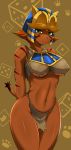  abstract_background absurd_res anthro breasts brown_hair clothed clothing dofus ecaflip feline female green_eyes hair headdress hi_res kemono looking_at_viewer mammal navel nipple_bulge safurantora simple_background skimpy solo under_boob wakfu 