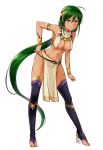  armlet armpits bare_shoulders bracer breasts cleavage egyptian_clothes green_hair hairband highres loincloth long_hair looking_at_viewer low_ponytail midriff nam_(valckiry) navel original signature smile solo thighhighs toeless_legwear usekh_collar very_long_hair yellow_eyes 