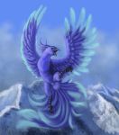 2018 animal_genitalia avian beak bird blue_eyes blue_feathers claws cloaca detailed_background digital_media_(artwork) feathered_wings feathers feral flying mountain nude open_mouth outside phinja phoenix sky smile solo tongue wings 