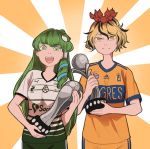  adidas breasts coca-cola commentary frog_hair_ornament green_eyes green_hair hair_ornament hair_tubes kochiya_sanae medium_breasts mefomefo multicolored_hair multiple_girls open_mouth santos_laguna smile soccer soccer_uniform spanish_commentary sportswear tigres_uanl toramaru_shou touhou trophy two-tone_hair yellow_eyes 