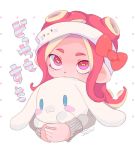  cephalopod_eyes character_doll cinnamoroll cropped_torso headband hello_kitty hello_kitty_(character) holding looking_at_viewer octarian octoling pink_eyes pink_hair sanrio sasimi short_hair signature simple_background splatoon_(series) splatoon_2 sweater white_background 