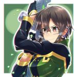  asada_shino black_gloves brown_hair glasses gloves gun hair_ribbon highres holding holding_gun holding_weapon is_ii ribbon rimless_eyewear short_hair_with_long_locks sidelocks smile solo sword_art_online upper_body weapon white_ribbon 