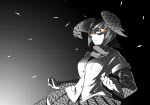  animal_ears bangs blouse campo_flicker_(kemono_friends) closed_mouth commentary feathers frown glasses greyscale halftone head_wings kaya_(nari1-24) kemono_friends long_sleeves looking_to_the_side medium_skirt monochrome pince-nez pleated_skirt red_eyes scarf short_hair short_over_long_sleeves short_sleeves skirt solo spot_color standing upper_body wide_sleeves 