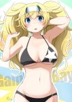  blonde_hair blue_eyes blush bra breasts cleavage collarbone commentary_request cowboy_shot earth_ekami gambier_bay_(kantai_collection) hair_between_eyes hairband highres kantai_collection long_hair navel open_mouth panties twintails underwear 