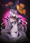  abigail_williams_(fate/grand_order) bangs black_bow black_gloves black_hat black_panties bow commentary_request elbow_gloves fate/grand_order fate_(series) gloves glowing groin hands_up hat hat_bow head_tilt highres long_hair orange_bow own_hands_together pale_skin panties parted_bangs parted_lips polka_dot polka_dot_bow purple_eyes revealing_clothes silver_hair solo suction_cups tentacles topless torii_vita_asayoru underwear very_long_hair witch_hat 