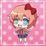  :d blue_eyes bow chibi doki_doki_literature_club eyebrows_visible_through_hair full_body hair_bow hair_ornament heart heart-shaped_pupils looking_at_viewer open_mouth outline pink_background pink_hair polka_dot polka_dot_background red_bow runeechan sayori_(doki_doki_literature_club) school_uniform short_hair smile solo symbol-shaped_pupils white_legwear white_outline 