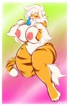  2016 anthro averyshadydolphin big_breasts blue_hair breasts buxbi_(character) feline female fur hair hi_res mammal nipples one_eye_closed open_mouth orange_fur simple_background solo stripes thick_thighs tiger voluptuous white_fur white_hair wide_hips 