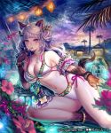  animal_ears blush breasts brown_eyes brown_hair cleavage company_name copyright_name cup drinking_glass eyebrows_visible_through_hair flower holding holding_cup large_breasts long_hair looking_at_viewer lying mayachise official_art on_side parted_lips shingeki_no_bahamut solo swimsuit tail wine_glass 
