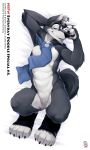  2016 anthro black_fur blue_eyes canine disney featureless_crotch fur grey_fur hi_res larry_(zootopia) looking_at_viewer lying male mammal multicolored_fur nude on_back pinup pose raised_arm scarf seductive smile solo white_fur wolf wolver_mustang zootopia 