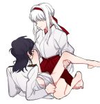  female_admiral_(kantai_collection) hairband headband highres hoshi_(liujingxing333) japanese_clothes kantai_collection leg_grab long_hair military military_uniform multiple_girls naval_uniform shoukaku_(kantai_collection) simple_background spread_legs uniform white_background white_hair yuri 