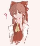  ? ascot bow brown_hair detached_sleeves hair_bow hair_tubes hakurei_reimu hand_on_hip hand_on_own_chin looking_at_viewer ovo red_bow red_pupils simple_background sketch solo touhou upper_body yellow_neckwear 