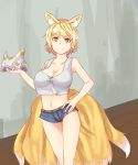  animal_ear_fluff animal_ears belt blonde_hair breasts cleavage cowboy_shot crop_top denim denim_shorts fox_ears fox_tail hand_on_hip hat hat_removed headwear_removed highres kanaria_(bocmn) large_breasts looking_at_viewer midriff navel no_hat no_headwear short_hair short_shorts shorts sketch smile solo standing tail tank_top touhou yakumo_ran yellow_eyes 