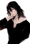  aizawa_shouta bags_under_eyes black_hair boku_no_hero_academia facial_hair hand_behind_head henley_shirt long_hair looking_at_viewer male_focus mescaline messy_hair scar simple_background solo stubble v-neck white_background 