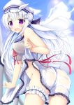  absurdres ass azur_lane blue_sky breasts commentary_request covered_nipples cygnet_(azur_lane) d: day dress dress_lift hair_ornament hairclip hat highres leg_garter looking_at_viewer maritaki no_panties open_mouth purple_eyes see-through sky solo wet wet_clothes white_hair wing_ornament 