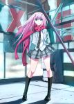  aqua_eyes arms_behind_back bangs black_legwear breasts commentary_request darling_in_the_franxx hair_between_eyes hairband horns jacket kneehighs kuro_(1968) loafers long_hair looking_at_viewer medium_breasts necktie open_clothes open_jacket pink_hair pink_scarf plaid plaid_skirt red_horns scarf school_uniform shirt shoes skirt solo standing white_hairband white_shirt zero_two_(darling_in_the_franxx) 