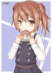  artist_name border brown_hair double_bun doughnut dress eating food french_cruller highres kantai_collection michishio_(kantai_collection) open_mouth outline outside_border pepatiku pinafore_dress remodel_(kantai_collection) short_twintails signature solo twintails upper_body white_border 