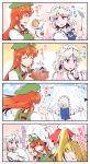  4koma beret blonde_hair blue_eyes blush braid china_dress chinese_clothes comic commentary commentary_request cooking dress flandre_scarlet frilled_shirt_collar frills from_behind green_hat hand_on_headwear hat hat_ribbon hat_tug headdress highres hong_meiling izayoi_sakuya jewelry kitsune_maru long_hair looking_at_viewer maid maid_headdress mob_cap multiple_girls necklace needle orange_eyes pink_shirt red_hair ribbon salt sewing sewing_kit sewing_needle shirt short_hair side_ponytail silver_hair star sweatdrop tangzhuang touhou translated twin_braids wrist_cuffs 