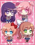  :&lt; :d black_legwear blue_eyes bow brown_hair chibi commentary doki_doki_literature_club english_commentary eyebrows_visible_through_hair green_eyes hair_bow hair_ornament hair_ribbon hairclip hands_on_hips heart heart-shaped_pupils long_hair looking_at_viewer monika_(doki_doki_literature_club) multiple_girls natsuki_(doki_doki_literature_club) open_mouth outline outstretched_arm pink_background pink_eyes pink_hair polka_dot polka_dot_background ponytail red_bow ribbon runeechan sayori_(doki_doki_literature_club) school_uniform short_hair smile symbol-shaped_pupils two_side_up white_legwear white_outline white_ribbon yuri_(doki_doki_literature_club) 