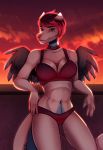  2018 5_fingers anthro bra breasts canine clothed clothing detailed_background digital_media_(artwork) feathered_wings feathers female heterochromia hybrid kristiana_puff mammal midriff navel panties red_eyes smile standing underwear wings 
