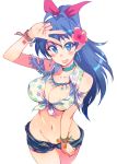  areola_slip areolae blue_eyes blue_hair bracelet breasts choker cleavage commentary_request flower front-tie_top ganaha_hibiki groin hibiscus highres idolmaster idolmaster_(classic) jewelry kusanagi_tonbo large_breasts navel no_panties ponytail solo 