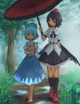  :t bag barefoot bird_wings black_legwear blouse blue_eyes blue_hair blush bow bowtie breasts cirno collared_shirt commentary dirty_feet dress eating flower food forest grass hair_bow hat height_difference highres ice ice_wings low_wings medium_breasts mud multiple_girls nature outdoors rain red_footwear roke_(taikodon) shameimaru_aya shared_umbrella shirt skirt socks tokin_hat touhou tree umbrella wings 