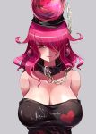  arms_behind_back bare_shoulders breasts chain choker cleavage collarbone commentary_request earrings grey_background hair_in_mouth hair_over_one_eye hecatia_lapislazuli highres huge_breasts jewelry lips no_nose off_shoulder parted_lips polos_crown raptor7 red_eyes red_hair shirt simple_background touhou upper_body 