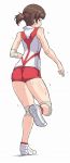  ass brown_eyes brown_hair commentary droplet elbow_pads facing_away from_behind girls_und_panzer hair_tie highres kawanishi_shinobu knee_pads leg_up muchabou parted_lips red_legwear red_shirt red_shorts shirt shoes short_hair short_ponytail short_shorts short_socks shorts simple_background sleeveless sleeveless_shirt sneakers socks solo sportswear standing standing_on_one_leg sweat volleyball_uniform white_background white_footwear 