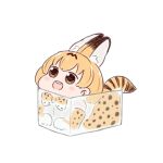  :d animal_ears batta_(ijigen_debris) blush_stickers bow bowtie box brown_eyes chibi elbow_gloves extra_ears gloves in_box in_container kemono_friends open_mouth orange_hair orange_skirt round_teeth serval_(kemono_friends) serval_ears serval_print serval_tail short_hair simple_background skirt smile solo tail teeth transparent white_background 