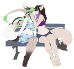 2018 anthro bench black_hair black_nose blush breasts canine clothed clothing denim denim_shorts digital_media_(artwork) dragon duo english_text female female/female fluffy fluffy_tail freckles fur green_eyes green_hair hair hi_res horn kissing kitsunewaffles-chan kyoko_komurasaki mammal membranous_wings multicolored_hair navel open_mouth purple_hair shirt shorts simple_background sitting smile tail_tuft text tongue tuft vilosa wings wolf 