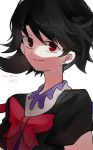  absurdres artist_name asuku_(69-1-31) bangs black_hair bow bowtie closed_mouth eyebrows eyebrows_visible_through_hair hair_between_eyes highres houjuu_nue pixiv_id red_bow red_eyes red_neckwear short_hair simple_background smile solo touhou upper_body white_background 