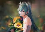  aqua_eyes aqua_hair bare_shoulders blurry blurry_background bouquet commentary_request erjian flower hair_between_eyes hair_ribbon hatsune_miku highres holding holding_bouquet long_hair looking_at_viewer number_tattoo petals pink_ribbon ribbon solo tattoo twintails vocaloid 