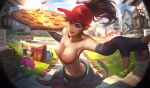  1girl areolae blue_eyes breasts brown_hair cars choker cleavage edit elbow_gloves fingerless_gloves food hat league_of_legends long_hair looking_at_viewer medium_breasts nipples official_art open_mouth pepperoni pizza pizza_delivery pizza_delivery_sivir ponytail red_legwear shirt_around_waist sivir smile stuffed_crust thighhighs topless 