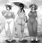  3girls ass baggy_pants breasts from_behind hat high_heels hyji large_breasts long_hair long_skirt looking_at_viewer looking_back milf monochrome multiple_girls parasol pendant sandals short_hair sleeveless sleeveless_dress sundress sunglasses 