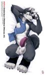  2016 anthro balls black_fur black_nose blue_eyes canine circumcised disney erection fur grey_fur hi_res humanoid_penis larry_(zootopia) looking_at_viewer lying male mammal multicolored_fur nude on_back penis pinup pose precum purple_penis raised_arm scarf seductive smile solo white_fur wolf wolver_mustang zootopia 