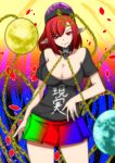  blurry breasts chain choker cleavage clothes_writing earth_(ornament) gradient gradient_background hecatia_lapislazuli highres large_breasts miniskirt moon_(ornament) multicolored multicolored_clothes multicolored_skirt naonakamura pointy_ears polos_crown red_eyes red_hair shirt skirt skull smile smirk touhou 