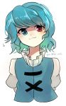  :3 absurdres artist_name asuku_(69-1-31) bangs blue_eyes blue_hair blue_vest blush closed_mouth heterochromia highres looking_at_viewer motion_lines pixiv_id puffy_sleeves red_eyes shirt short_hair simple_background smile solo tatara_kogasa touhou vest white_background white_shirt 