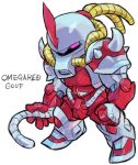  character_name chibi full_body fusion gouf gundam horn looking_at_viewer marvel mechanization mobile_suit_gundam omega_red one-eyed pink_eyes simple_background solo standing tentacles white_background x-men 