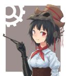  animal_skull bandana black_gloves black_hair commentary corset elbow_gloves gears gloves hat headgear leather leather_gloves looking_at_viewer pipe red_eyes roke_(taikodon) shameimaru_aya short_hair smile solo steampunk touhou wrist_cuffs 
