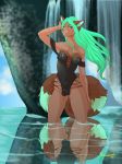  2018 anthro bulge clothed clothing detailed_background dickgirl digital_media_(artwork) fur hair hi_res intersex long_hair looking_at_viewer mammal outside red_panda reflection smile solo swimsuit thesolarwinds water waterfall 