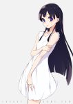  arm_grab bangs bare_arms bare_shoulders black_hair blue_eyes breasts collarbone commentary_request dress eyebrows_visible_through_hair fingernails fuyuno_yuuki grey_background long_hair looking_at_viewer original parted_lips simple_background sleeveless sleeveless_dress small_breasts solo very_long_hair watermark web_address white_dress 