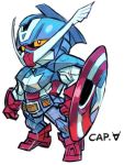  captain_america character_name chibi full_body fusion gundam looking_away marvel mechanization shield simple_background solo standing turn_a_gundam turn_a_gundam_(mobile_suit) white_background 
